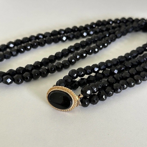 Antique Vintage Black Jet Faceted Bead Double Strand Long Statement Necklace 30" - Picture 4 of 12